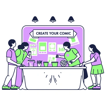 A booth is set up in a vibrant convention center, designed for visitors to create their own comic strips. The booth features a large table covered with various templates showcasing comic strip panels. Stickers in the shape of characters, speech bubbles, and action words are organized in colorful containers on the table. Behind the table, a banner with “Create Your Comic” is displayed prominently. To the side, several visitors are engaged in the activity, choosing templates and placing stickers on their comic strips. Bright lights hang above, illuminating the creative space.