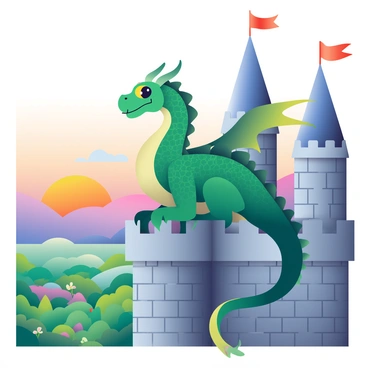 A majestic dragon with emerald green scales and large, glittering golden eyes is perched on the rooftop of a stone medieval castle. Its wings are folded tightly against its body, and its long tail hangs over the edge of the roof. The castle has tall, jagged towers made of gray stone, with flags fluttering in the breeze. Below, a lush valley is visible, filled with vibrant green trees and colorful wildflowers. The sky is painted in soft shades of orange and purple as the sun sets on the horizon, casting a warm glow over the entire scene.