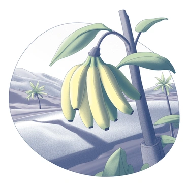 A cluster of fresh bananas hanging on the banana plants in a Konkan farm. The bananas are plump and elongated, showcasing their natural curves. The green leaves of the banana plants are large and broad, providing a lush backdrop. In the background, the farm features gently sloping terrain with patches of earth visible, indicating the fertile land. The scene is set under a bright sky, casting clear shadows on the ground. The overall composition emphasizes the abundance of fruit ready for harvest.