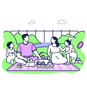 A family is sitting on a picnic blanket spread out on a grassy area. The picnic blanket features a checkered pattern. In the center of the blanket, there is a picnic basket open, displaying a variety of food items such as sandwiches, fruits, and a bottle of juice. The family consists of four members: a father and mother sitting beside each other, and two children playing nearby. The father is wearing a casual shirt and shorts, while the mother is dressed in a light summer dress. The children are laughing and tossing a frisbee. In the background, a large dam can be seen, with water flowing and surrounded by gentle hills. The sky is clear, and there are a few fluffy clouds. The overall scene captures a joyful moment in nature.