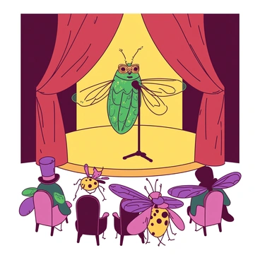 A green cicada stands on a golden stage wearing a tiny ornate mask, singing passionately into a small microphone. The cicada has its wings spread wide, glistening under the lights. In the foreground, there is a diverse audience of various insects, including a purple dragonfly wearing a top hat and a yellow ladybug with a small bow tie. They are all seated in tiny, elegant chairs, eagerly watching the performance. The backdrop features large, intricate curtains in contrasting colors, enhancing the grand atmosphere of the opera.