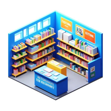 A bright stationery shop filled with colorful shelves stocked with various stationery items. The shop features a wide array of pens displayed in neat rows, inviting customers to try them out. There are also stacks of notebooks in different sizes and designs, some open to showcase their pages. At the center of the shop, there is a testing area with free samples of pens and notebooks available for customers to use. The walls are adorned with vibrant posters and banners promoting the latest stationery trends. Natural light streams in through large windows, creating a cheerful atmosphere.