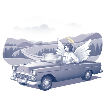 A vintage angel with flowing robes and a serene expression is seated inside a classic car. The car features a sleek design with rounded edges and chrome accents. The angel’s wings are elegantly spread, partially visible through the open windows. The countryside is lush and expansive, with rolling hills and a winding road that stretches into the distance. A few fluffy clouds float in the sky, and there are trees lining the roadside, completing the picturesque scene.