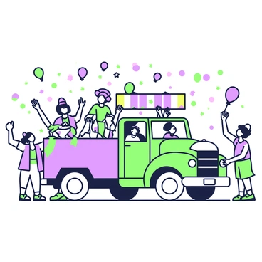 A decorated float truck is positioned in the center of a lively festival parade. The float is adorned with colorful streamers and banners, creating an eye-catching display. Surrounding the float, a diverse crowd of people are waving their hands enthusiastically and cheering. Some individuals are holding colorful flags, while others are wearing festive clothing, such as hats and masks. Balloons are floating in the air, and there are various themed decorations on the truck representing the festival's spirit.