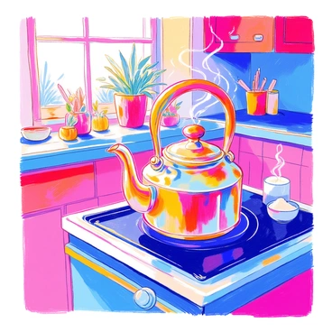 A tea kettle with a shiny metallic surface is perched on a stove. The kettle features a curved spout and a decorative handle. Steam is rising from the spout, creating a wispy cloud above it. The background reveals a warm kitchen with wooden cabinets and soft lighting. On the countertop, there are various herbs and spices neatly arranged, alongside a small bowl of sugar. A window lets in natural light, illuminating the scene and showcasing colorful kitchen accessories.
