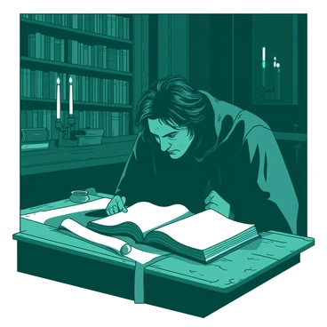 A teal Severus Snape with tousled black hair is sitting at a worn wooden desk in a dimly lit library. His face shows intense concentration as he leans forward, deeply engrossed in a large, ancient book that is open in front of him. The desk is scattered with various aged scrolls and ink pots, and soft shadows dance across the wood surface. The library is lined with towering shelves filled with dusty tomes, and faint glimmers of light from candle sconces cast a warm glow in the room. Snape’s dark robes drape elegantly around him, contrasting with the rich textures of the desk and the books.