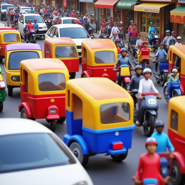 A busy street scene featuring multiple colorful rickshaws weaving through dense traffic. Brightly painted rickshaws in red, yellow, and blue maneuver among a variety of vehicles, including cars and motorcycles. Pedestrians can be seen navigating the crowded sidewalks, with vibrant storefronts lining the street in the background. The atmosphere is lively, with the hustle and bustle of urban life evident in the expressions of the people interacting in this dynamic environment.