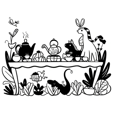 A large, ornate table set for a tea party in an enchanted forest. There are various intricate teapots, some shaped like animals and others adorned with elaborate patterns. Different magical creatures are present: a small dragon perched on one edge of the table, a unicorn with a curved horn standing nearby, and a fairy fluttering above the table. Delicate teacups filled with steaming tea are placed around the table, alongside an assortment of whimsical pastries and cakes. Lush, leafy plants and colorful flowers surround the scene, enhancing the magical atmosphere.