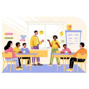 A bright classroom filled with desks arranged in a semi-circle. Several students, including a girl with curly hair wearing glasses and a boy with a baseball cap, are engaged in conversation practice. The language teacher, a middle-aged woman with short hair and a warm smile, stands at the front, guiding the students. Colorful posters of vocabulary words and grammar rules decorate the walls. A large whiteboard displays useful phrases in bold letters. Sunlight streams in through the windows, illuminating the scene.