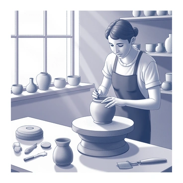 A potter is positioned at a wooden spinning wheel, focused on shaping a vase from a lump of clay. The potter's hands are firm yet delicate, molding the clay as it spins. There are tools for carving and smoothing the clay scattered around the workspace, including wooden ribs and metal scrapers. Sunlight streams through a large window, illuminating dust particles in the air and casting gentle shadows on the walls. Shelves in the background are lined with various finished ceramic pieces, showcasing a range of shapes and sizes. The workshop has a rustic feel, with clay and tools giving it a handmade atmosphere.