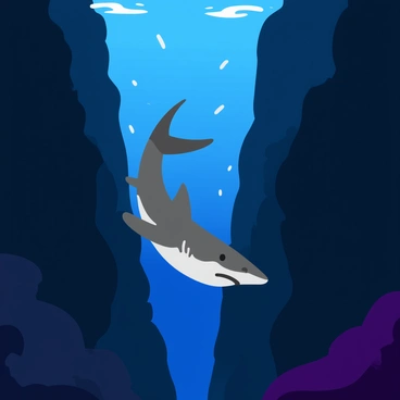 A tiger shark with distinctive gray and white patterned skin is swimming downward into a dark and deep ocean trench. The shark's body is streamlined, showcasing its powerful form as it moves gracefully through the water. Surrounding the shark are various shades of deep blue and black, illustrating the depths of the ocean. Floating particles of light shimmer around, indicating bioluminescent organisms in the water. The trench walls are steep and rocky, providing a rugged backdrop to this underwater scene.