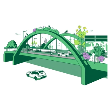 A green highway overpass designed as a wildlife corridor is gracefully arched above the road. The structure is adorned with various native plants, including colorful flowers and lush greenery, thriving in planters along the sides of the overpass. Beneath the overpass, vehicles pass by on the highway while birds are seen perched on the railings. Small mammals can be seen cautiously exploring the foliage, creating a lively interaction between the natural environment and urban infrastructure.