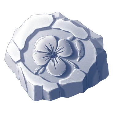 An ancient-looking flower fossil is prominently displayed within a rugged, rocky surface. The fossil exhibits intricate details of petals and leaves, showcasing the organic structure of the flower. The surrounding rock features a rough texture with jagged edges and crevices, suggesting the passage of time and natural erosion. Light shadows fall across the fossil, enhancing the depth and intricacy of the floral design. The scene conveys a sense of history and the natural world captured in stone.