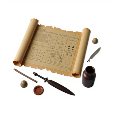 An ancient scroll made of aged parchment, displaying intricate tactical plans for a battle. The scroll is partially unrolled, revealing its contents which include hand-drawn symbols, diagrams, and various annotations in faded ink. The edges of the scroll are frayed, and slight tears show its age. Surrounding the scroll are artifacts like a quill, an inkpot, and a wax seal, adding to the historical context. The scene is well-lit, highlighting the rich details of the battle plans.