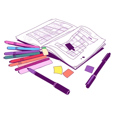 A vibrant arrangement of Faber-Castell markers in various shades is displayed on a smooth white surface. The markers are neatly lined up, showcasing their colorful caps. Next to the markers, there is a crisp comic book draft laid open, revealing detailed sketches and inked panels. The draft has a few colorful sticky notes attached, highlighting specific sections. A faint shadow from the markers casts over the draft, creating a soft contrast.