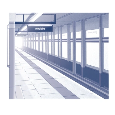 A deserted subway platform stretches into the distance. The tiles on the ground are worn and show signs of neglect. An electronic announcement board prominently displays the message "No Trains" in bright letters. The walls of the platform are lined with steel support beams. A flickering overhead light casts shadows, enhancing the sense of abandonment. There are no people or vehicles present, creating a stark, quiet atmosphere.