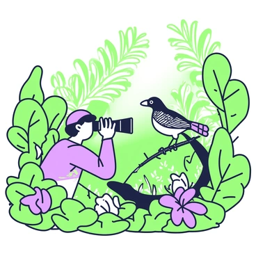 A wildlife photographer is positioned among thick vegetation in a lush jungle, focusing intently on a rare bird perched on a low branch. The photographer is wearing camouflage clothing and has a long lens camera raised to their eye. Bright green leaves and large tropical flowers are surrounding them, creating a vibrant backdrop. The rare bird has intricate feathers and is looking toward the camera, capturing the moment. Sunlight filters through the dense canopy above, casting dappled shadows on the ground and illuminating the scene.