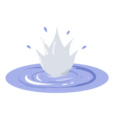 A single water droplet with a shiny surface is captured mid-impact as it splashes into a calm blue pool. The droplet is at the peak of its arc, creating a crown-like splash that radiates outward with smaller droplets around it. The surface of the pool shows concentric ripples spreading from the point of impact. Soft highlights reflect off the water, enhancing the clarity and definition of the splash.