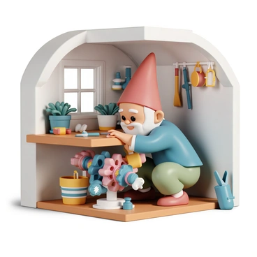 A small garden gnome, wearing a red hat and a blue shirt, is intently tinkering with a whimsical contraption made of colorful gears and twinkling lights. The gnome has a white beard and is crouched over a wooden workbench inside a cozy shed. Various tools, such as a hammer and pliers, are scattered around him. The shed walls are adorned with gardening tools and potted plants, creating a lively atmosphere. Sunlight filters through a small window, casting soft shadows across the scene, highlighting the gnome's focused expression.