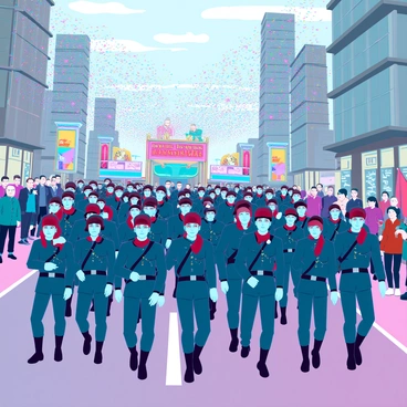 A large celebratory victory parade taking place on a wide city street. Rows of soldiers in modern uniforms are marching in formation, their expressions reflecting pride and determination. Colorful confetti is falling from the sky, creating a festive atmosphere. Spectators line the streets, cheering and waving flags. Banners and decorations celebrating the victory are prominently displayed along the route. Brightly decorated floats featuring various themes are interspersed among the soldiers, adding to the vibrant scene.