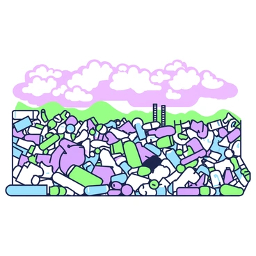 A panoramic view of a landfill filled with an abundance of plastic waste. The landfill is vast, with heaps of blue, green, and clear plastic bottles, containers, and bags scattered throughout. In the foreground, there are large piles of twisted and crumpled plastic debris. The sky above is overcast with thick clouds, casting a muted light over the scene. In the background, there are distant hills partially obscured by the refuse, and a faint outline of trees can be seen at the horizon, adding a sense of scale to the vast expanse of waste.