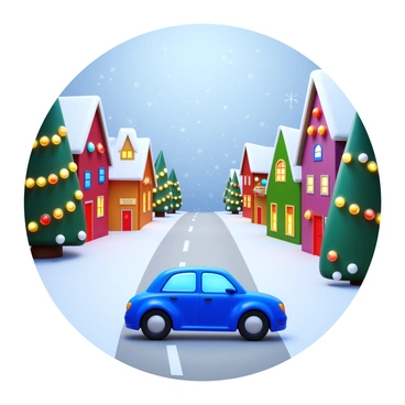 A car driving through a snowy village with festive holiday lights and decorations