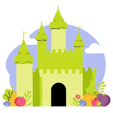 A majestic castle built entirely from "broccoli" with lush green florets forming the walls. The castle features "turret towers" reaching high, also made of broccoli, topped with small clusters resembling flags. There are "broccoli battlements" along the edges, providing a fortified look. Surrounding the castle is a vibrant garden filled with colorful vegetables and flowers, enhancing the whimsical scene. A blue sky with fluffy white clouds serves as the backdrop, highlighting the unique structure.