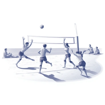 A sandy beach setting with two teams engaged in a volleyball match. Each player is in motion, jumping to hit the ball or diving to save it. The players are wearing athletic sportswear suitable for beach play. In the background, a clear sky is visible, with no clouds, giving a sense of openness. The sun is shining brightly, casting distinct shadows on the sand. Spectators can be seen in the distance, enjoying the game while seated on beach towels.