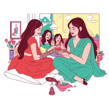 A teal mehndi artist is sitting cross-legged on a white cushion, carefully applying intricate henna designs on the bride's hands. The bride, wearing a vibrant red lehenga, is seated gracefully, her hands extended towards the artist. The artist's fingers are adorned with rings, and the henna cone is delicately poised in her right hand as she focuses on a detailed pattern. In the background, various colorful decorations add to the festive atmosphere, and the bride's friends are admiring the designs with joyful expressions. The setting is lively, filled with warm light and a sense of celebration.