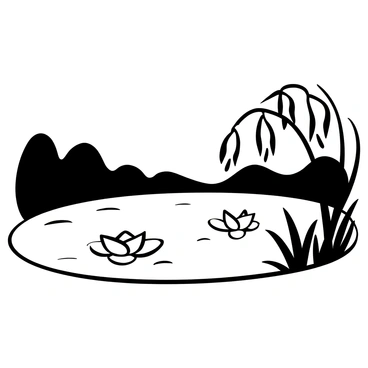 A tranquil pond with "lotus leaves" gracefully floating on its surface. The water reflects the outlines of nearby "tall grasses" and "weeping willow" branches that drape over the edge. In the background, there are "silhouettes of distant trees" creating a sense of depth. Small "ripples" can be seen on the water, suggesting a gentle breeze.