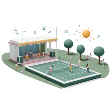 A padel court, featuring a green playing surface and surrounded by a low glass wall, is situated near an outdoor concert stage. The stage is large, with colorful lights and speakers, and several musicians are performing energetically. Spectators are standing and sitting on the grass, enjoying the performance while some are playing a game of padel. The sun is shining bright, casting shadows on the court, and trees are lining the background, adding to the vibrant atmosphere. "Music flowing through the air" is subtly indicated by visual elements like musical notes floating above the scene.