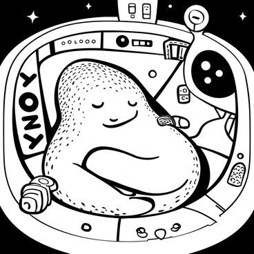 An alien creature with a textured, bulbous body is curled up in a cozy corner of a spacecraft. The creature is surrounded by various mechanical gadgets and tools scattered around, creating an intimate atmosphere. Soft, cushioned materials form the corner where it rests, providing comfort. Dim lights illuminate the space, casting shadows that enhance the contours of the creature’s body. "Cozy" is written in bold letters on a nearby panel, while a small, round window shows hints of stars outside the spacecraft.