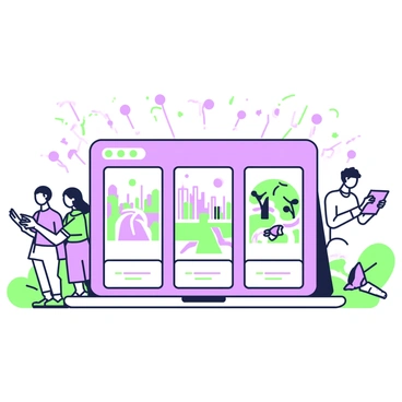 A virtual platform displays various entries for an illustration design contest. In the foreground, there are multiple framed illustrations showcasing different styles. Each frame is neatly arranged on a sleek digital interface. The illustrations include a vibrant cityscape, a serene nature scene, and a whimsical character design. Each piece of artwork has a title card underneath, providing the title and the artist’s name. The background features an array of soft glowing elements that give a sense of depth and engagement. A group of judges is visible on the side, reviewing the entries with tablets in hand.