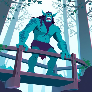 A massive troll with green, rocky skin stands on a wooden bridge, his large hands gripping the railing. He has an intimidating expression, with sharp teeth and pointed ears. The troll's body is muscular, showcasing his strength, and he has long, tangled hair cascading down his back. The wooden bridge is weathered, with moss and vines creeping along the edges. Surrounding the bridge is a dense, foggy forest, where tall trees loom, their silhouettes barely visible through the mist. Dappled light filters through the fog, creating an eerie atmosphere.