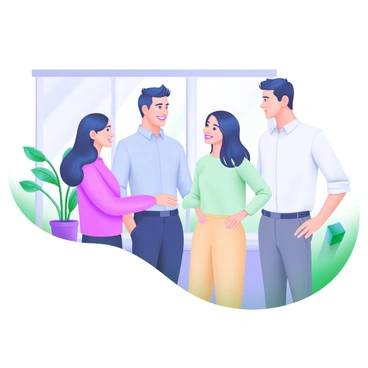 A modern pastel illustration featuring a group of four professionals dressed in business casual attire. Two individuals, a man in a light blue shirt and dark trousers, and a woman wearing a pastel green blouse and khaki pants, are smiling and facing each other. Another woman in a soft pink sweater and beige skirt stands nearby, contributing to the conversation. A man in a white shirt with rolled-up sleeves and gray chinos leans slightly towards the group, showing engagement. The background includes a cozy office setting with a potted plant and a window allowing soft light to enter.