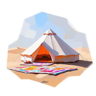 A traditional nomadic tent, featuring a conical shape and made from durable fabric, is set up prominently on a sandy expanse. The tent is adorned with intricate patterns, showcasing vibrant colors that reflect the cultural heritage of its occupants. Surrounding the tent, several colorful rugs are laid out on the sand, displaying various geometric designs in bold hues. The scene captures the essence of nomadic life, with soft shadows cast by the tent and the rugs adding depth to the sandy landscape.