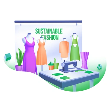 A fashion designer stands in a brightly lit studio, showcasing a collection of sustainable clothing. The garments are displayed on elegant mannequins, featuring natural fabrics and earthy tones. A large banner behind the designer displays the words "Sustainable Fashion" in stylish, eco-friendly lettering. Nearby, a table holds swatches of organic materials and a sewing machine, highlighting the energy-efficient production methods used. The backdrop is adorned with potted plants and recycled materials, emphasizing the theme of environmental consciousness.