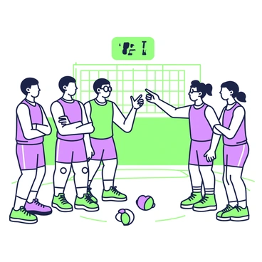 A dodgeball team is huddled together on a gymnasium floor, deep in discussion. The players are wearing matching uniforms, with each player showing distinct facial expressions of concentration and determination. In the center of the group, a player with glasses points towards an invisible target, while another player nods thoughtfully. Two players stand on either side, arms crossed, actively listening. Brightly colored dodgeballs are scattered on the floor around the team, and a scoreboard is visible in the background, indicating the current score of the match.