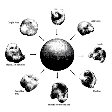 An illustration shows the stages of embryonic development. At the center, a developing embryo is depicted, showcasing various stages of growth. Surrounding the embryo, there are detailed representations of hyaline cartilage structures, indicating the formation of the skeletal framework. The cartilage is shown with fine textures highlighting its smooth surface. Different sections of the embryo correspond to distinct stages in skeletal development, illustrating the gradual transition into a bony structure. The overall composition emphasizes the progression from cartilage to a more defined skeletal form, with clear labels identifying each stage.