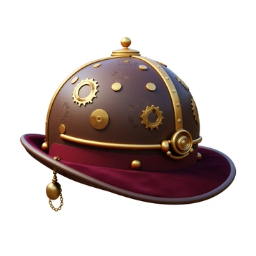 A steampunk-inspired cloche hat adorned with intricate gears and clockwork designs. The hat is made of dark brown leather with brass accents, showcasing a variety of small, functional gears embedded in the fabric. Delicate clockwork patterns are engraved on the surface, creating a textured appearance. The cloche has a wide brim, providing a vintage yet futuristic look. A small brass monocle hangs from a chain attached to one side, adding to the overall steampunk aesthetic. The interior is lined with rich burgundy velvet, enhancing its luxurious feel.
