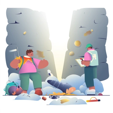 A group of geologists is examining ancient fossils embedded in the rocky walls of a chasm. One geologist with short brown hair is using a pickaxe to carefully unearth a large fossil of a prehistoric creature. Another geologist, wearing a green helmet, is taking notes on a clipboard while pointing at a small fossilized shell embedded in the stone. The walls of the chasm are rugged, displaying various shades of gray and brown, with the sunlight filtering through the narrow opening above, casting soft shadows on the ground. On the ground, there are scattered tools and a backpack, and the atmosphere is filled with the sense of discovery and exploration.