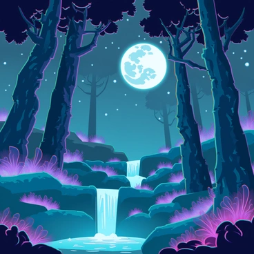 A dense forest with tall, ancient trees, their trunks twisted and gnarled. The forest floor is covered with lush green moss and vibrant, glowing plants in various shades of blue and purple. A gentle waterfall cascades over smooth stones, the water sparkling under the soft light of the full moon. The moonlight filters through the leaves, casting dappled shadows on the ground. The atmosphere is calm, with a clear night sky filled with stars visible through the tree canopy.