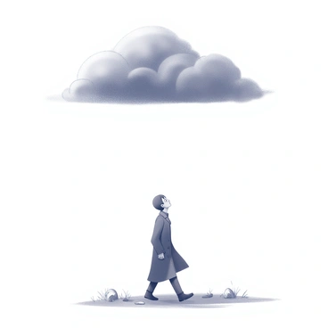 A person is walking through an open space. The individual is wearing a long coat and looking slightly upward, with a thoughtful expression on their face. Above them, a heavy, dark cloud looms, following closely and casting a shadow over the area. The ground beneath is uneven, with patches of grass and small rocks. The scene conveys a sense of isolation as the person continues on their path, the cloud seeming to mirror their presence and actions.