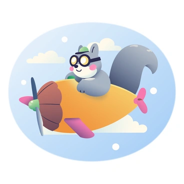 A squirrel with fluffy gray fur is wearing a tiny aviator hat perched on its head. It is inside a small, acorn-shaped airplane that is soaring through the blue sky. The airplane has a glossy brown exterior resembling an acorn, with small propellers spinning at the front. The squirrel is gripping the control stick with its paws, and its bushy tail is streaming behind as it flies. Fluffy white clouds dot the background, adding to the cheerful scene.