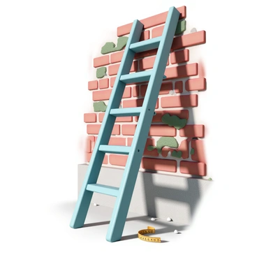 A sturdy wooden ladder, painted in a light blue color, leaning against a weathered red brick wall. The ladder is positioned at an angle, with the bottom resting on a concrete surface. The wall has uneven bricks, with some covered in patches of green moss. Sunlight casts shadows from the ladder onto the wall, highlighting the angles and forces in play. There are small pebbles scattered around the base of the ladder, and a measuring tape is partially unrolled, lying nearby on the ground.