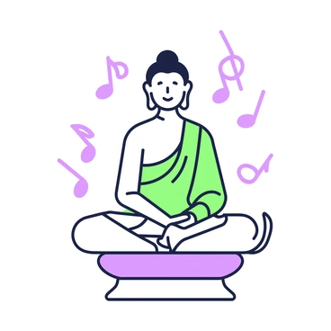 A figure of Buddha is seated calmly on a raised platform. He is in a meditative pose with his hands resting on his lap, palms facing upward. Surrounding him are musical notes depicted as whimsical shapes, floating softly in the air, symbolizing the sound of melody. The background is minimal, allowing the focus to remain on Buddha and the notes. The entire scene conveys a sense of tranquility and harmony.