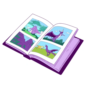 An open portfolio displays a collection of illustrations featuring dragons and various mythical creatures. Each page showcases a different scene, with intricate details highlighting the unique features of the creatures. There are teal dragons soaring through the sky, their scales shimmering in the light, alongside purple unicorns grazing in a lush meadow. A white griffon stands majestically on a rocky ledge, while a yellow phoenix spreads its wings in preparation for flight. Each illustration bursts with energy and showcases the enchanting world of fantasy.