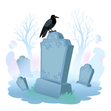 A crow is perched on an old, weathered tombstone covered in moss. The tombstone has intricate carvings that are slightly eroded, indicating its age. Surrounding the tombstone, there are several other tombstones of varying sizes, some leaning slightly, and all are enveloped in swirling mist. The ground is damp and uneven, with patches of grass struggling to grow. In the background, silhouettes of leafless trees rise against a soft gradient of pastel colors in the sky, creating an ethereal atmosphere.