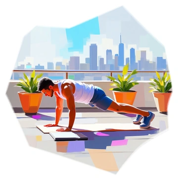 A fitness enthusiast with an athletic build, wearing a fitted tank top and shorts, is performing dips on a sturdy outdoor railing. The individual has a focused expression, showcasing determination and strength as they lower and raise their body. The rooftop terrace is equipped with a few potted plants and a small mat laid out nearby. In the background, a sprawling city skyline is visible, featuring tall skyscrapers silhouetted against a bright blue sky. The sunlight casts dynamic shadows on the terrace surface, enhancing the overall scene.