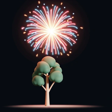 A firework exploding in the sky, narrowly missing a nearby tree.